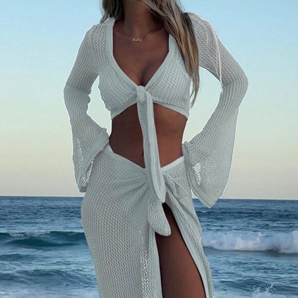 White Women's Vacation Cropped Top And Wrap Skirt Set - Picture 1 of 4